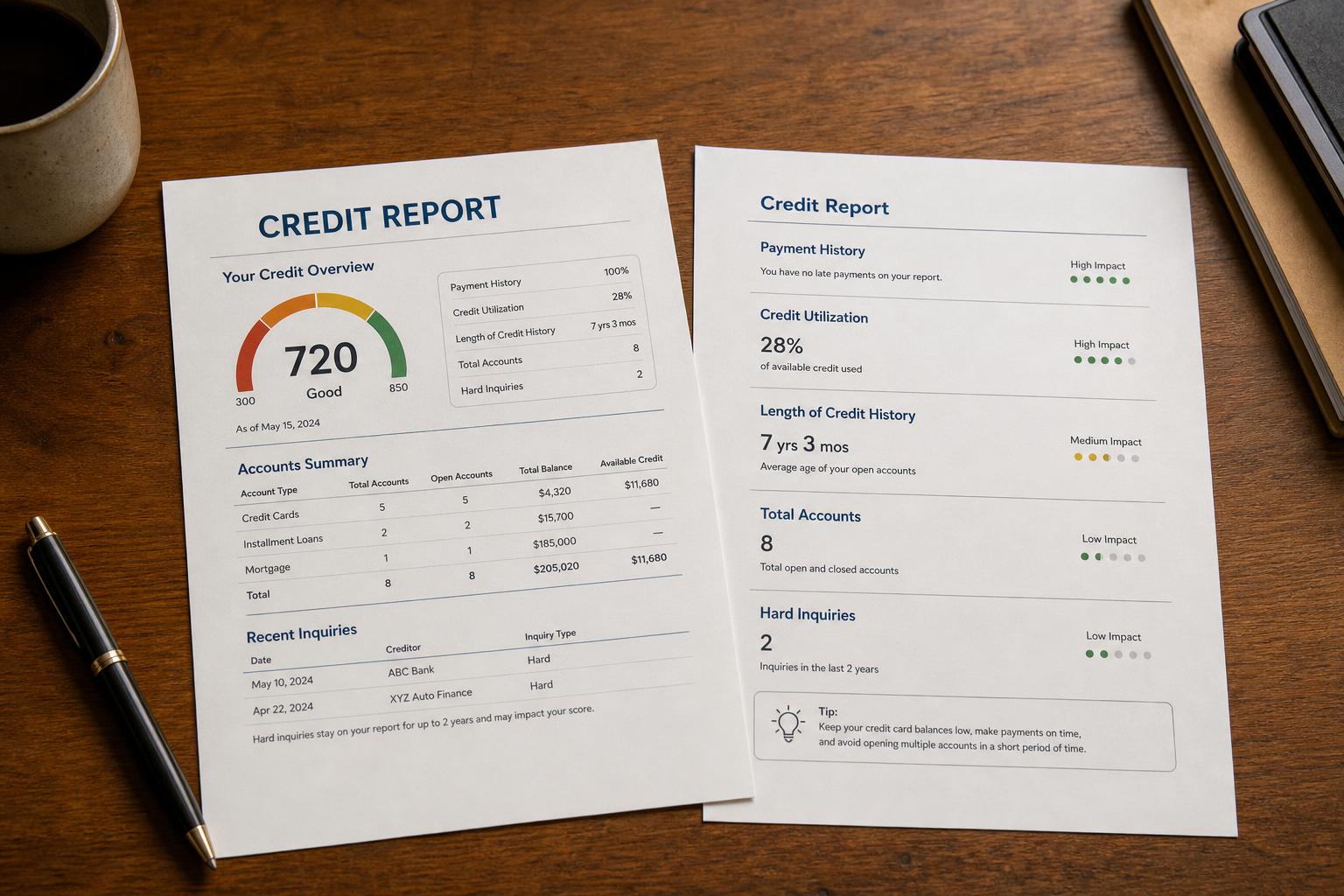 Two printed credit report pages side by side on a warm wooden desk