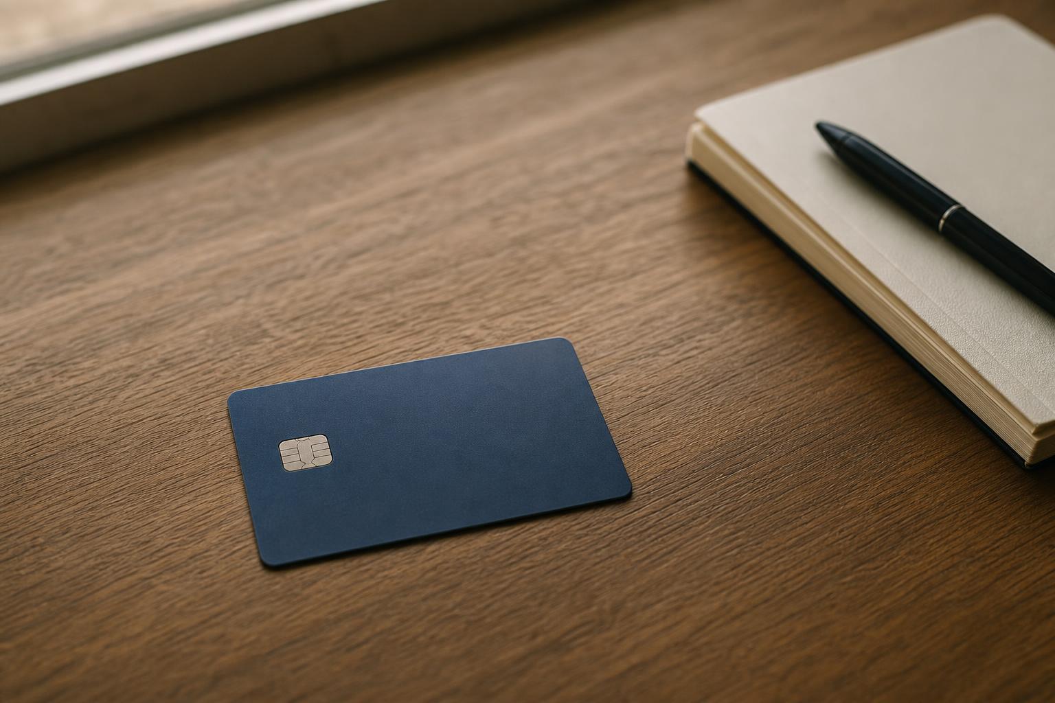 A single plain credit card on a warm wooden desk beside a small notebook and pen