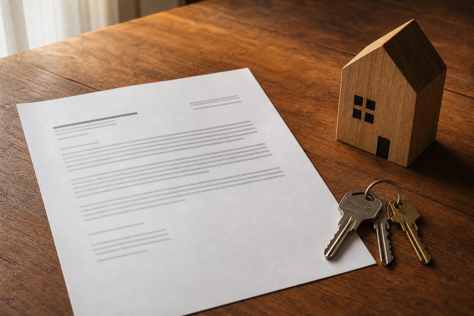 A mortgage denial letter beside a printed credit report and a set of house keys on a warm wooden desk