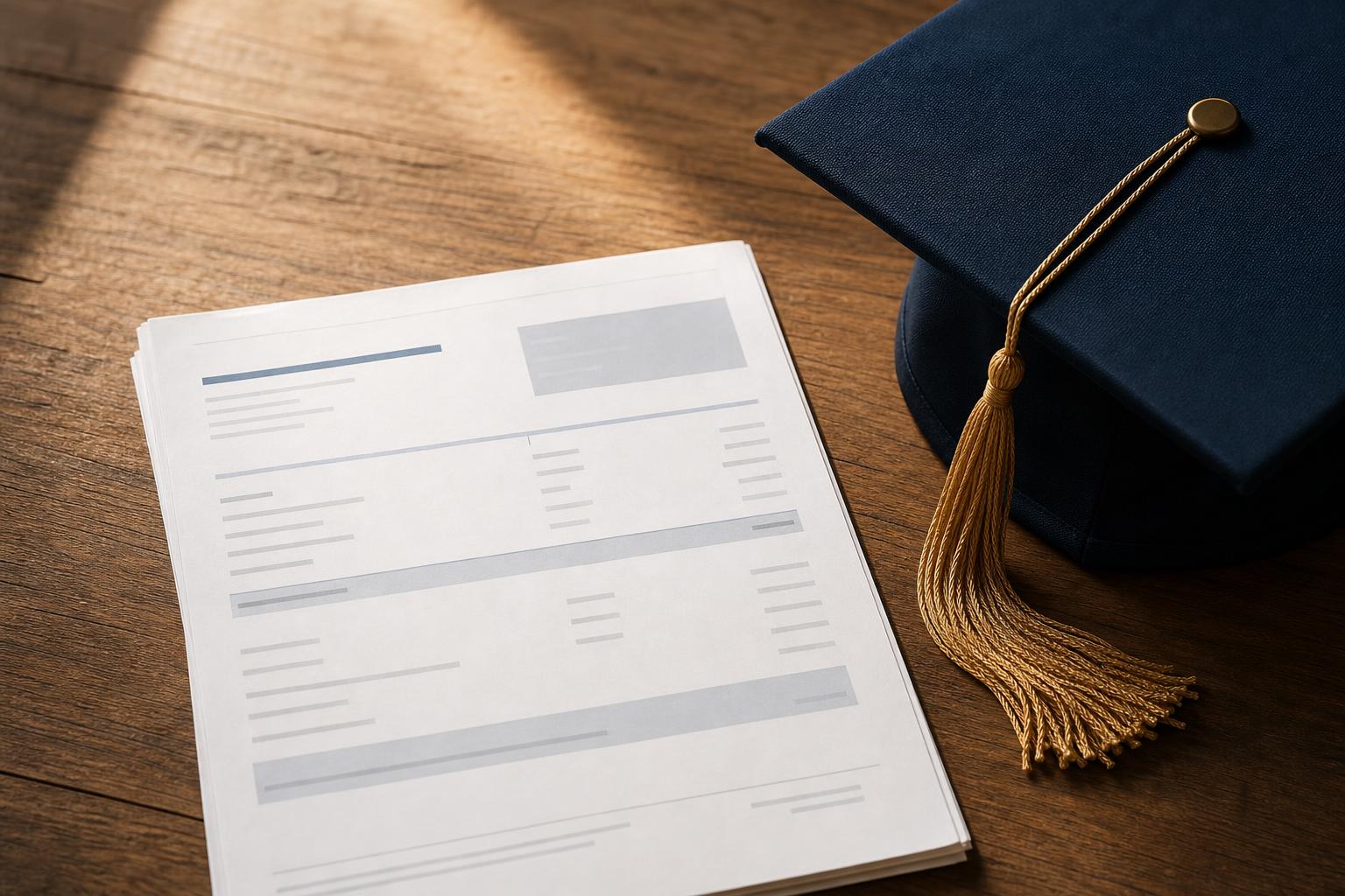 A student loan statement beside a graduation cap on a warm wooden desk