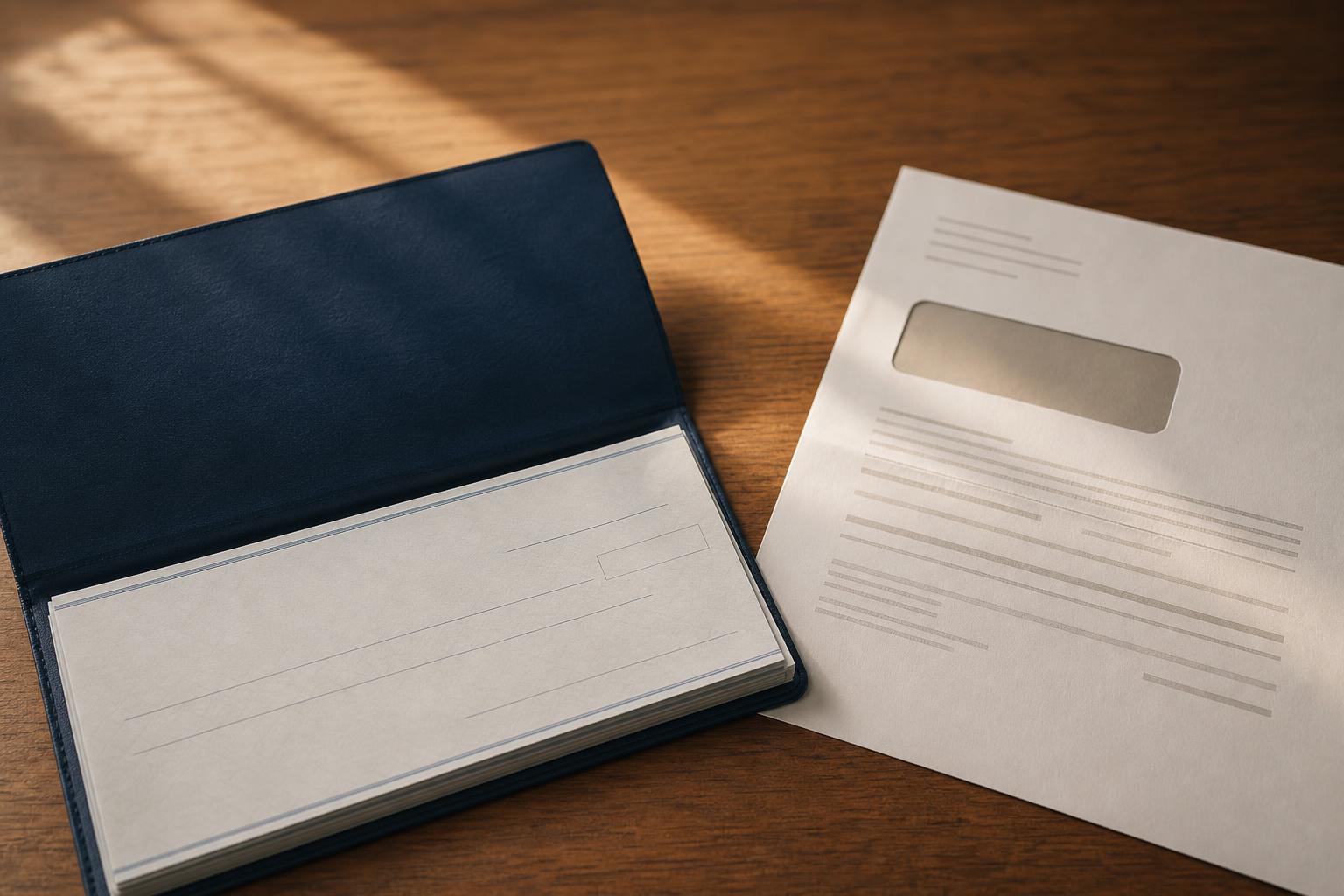 A checkbook and a debt collection notice on a warm wooden desk