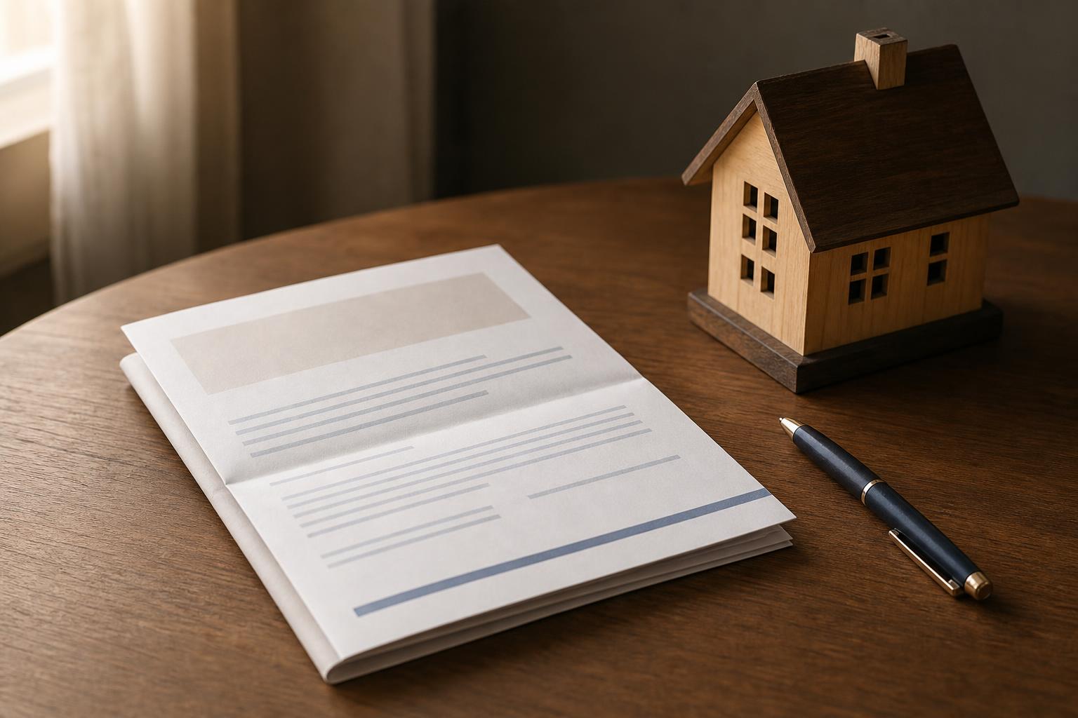 A small model house, house keys, and a mortgage application on a warm wooden desk