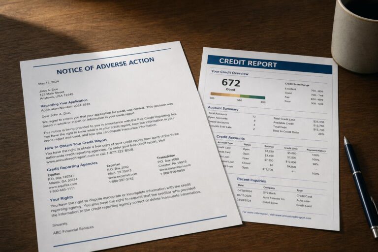 An adverse-action denial notice beside a printed credit report and a pen on a warm wooden desk