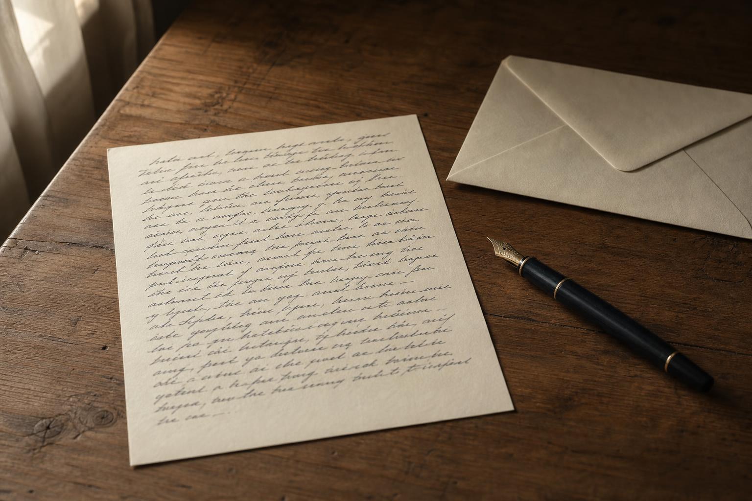 Una carta escrita a mano, un sobre y una pluma fuente sobre un cálido escritorio de madera