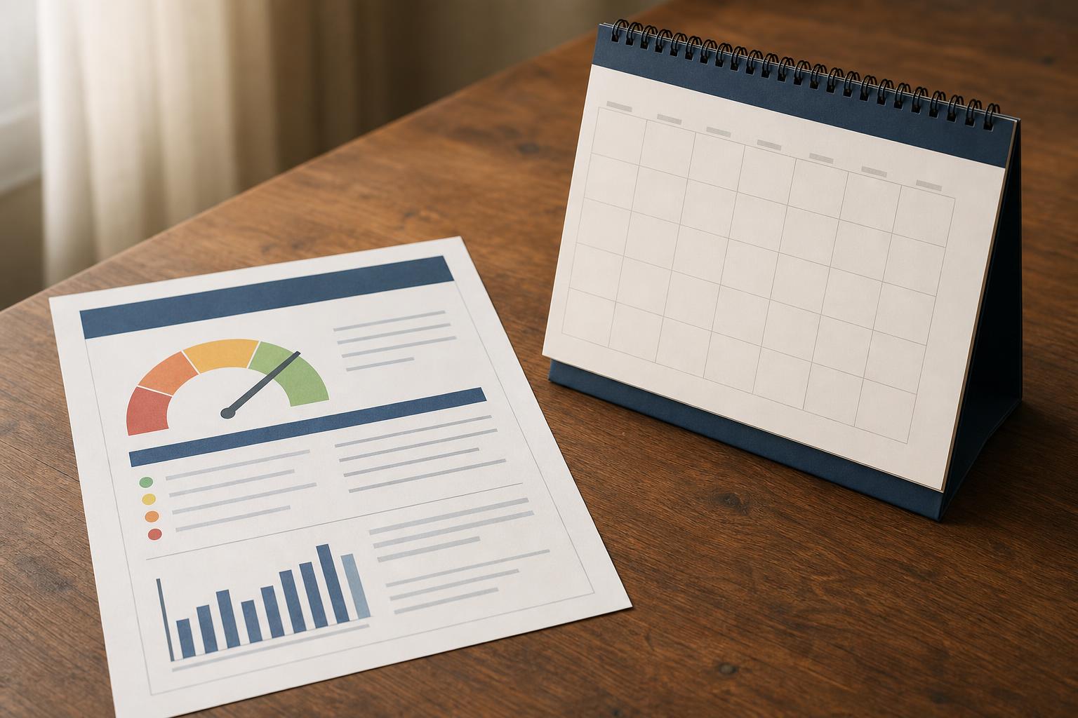 A printed credit report beside a desk calendar on a wooden table