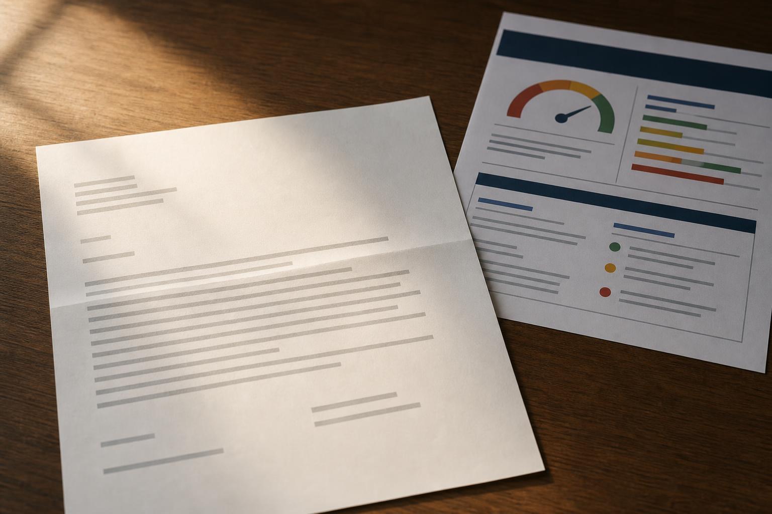 A debt collection letter beside a printed credit report on a warm wooden desk