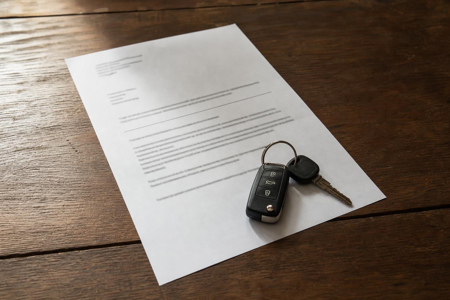 Un aviso de embargo de vehículo junto a un juego de llaves de auto sobre un escritorio de madera cálida