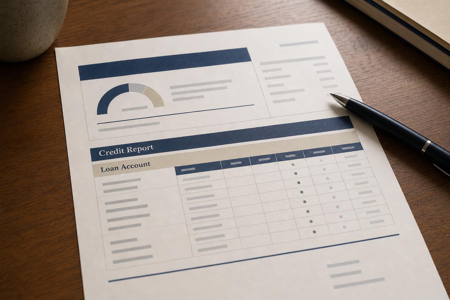 A printed credit report showing a loan account on a warm wooden desk