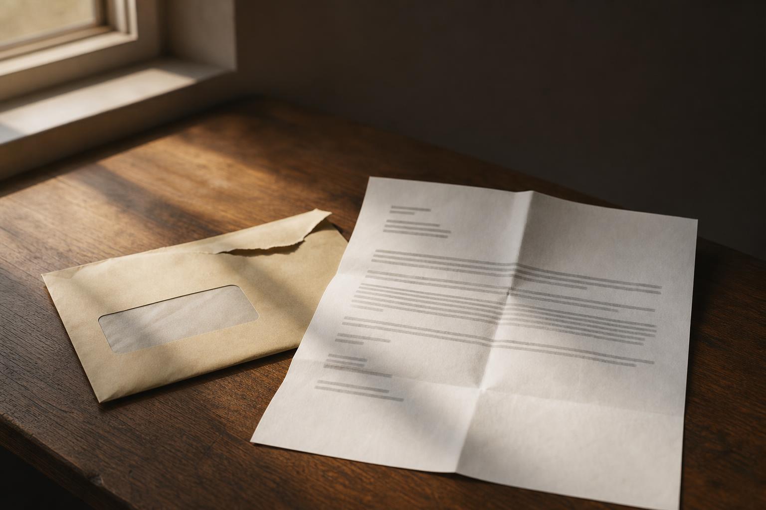 A debt-validation letter and an envelope on a warm wooden desk