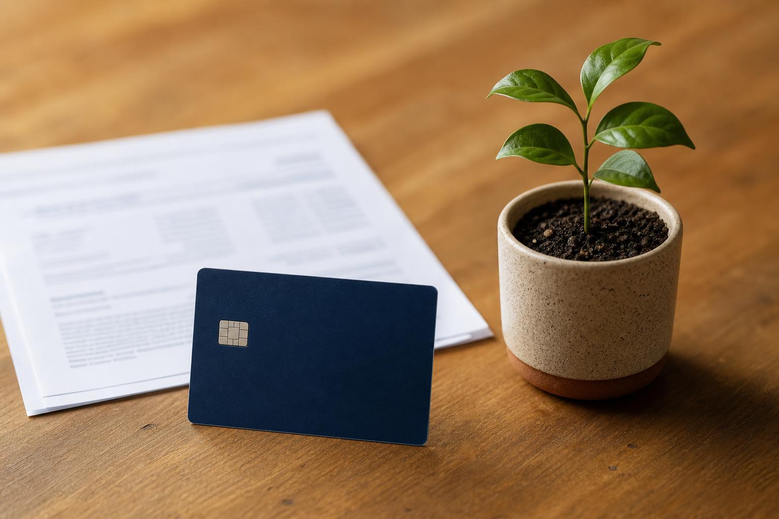 A plain credit card and a small growing plant in a pot on a warm wooden desk