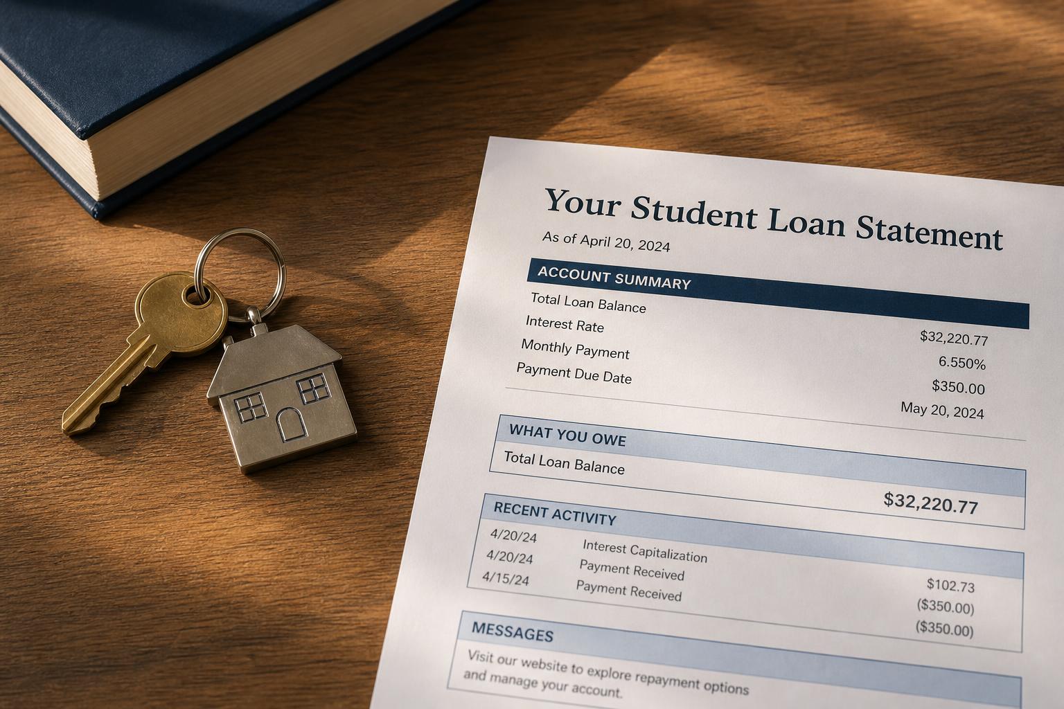 A house key and a student loan statement on a warm wooden desk