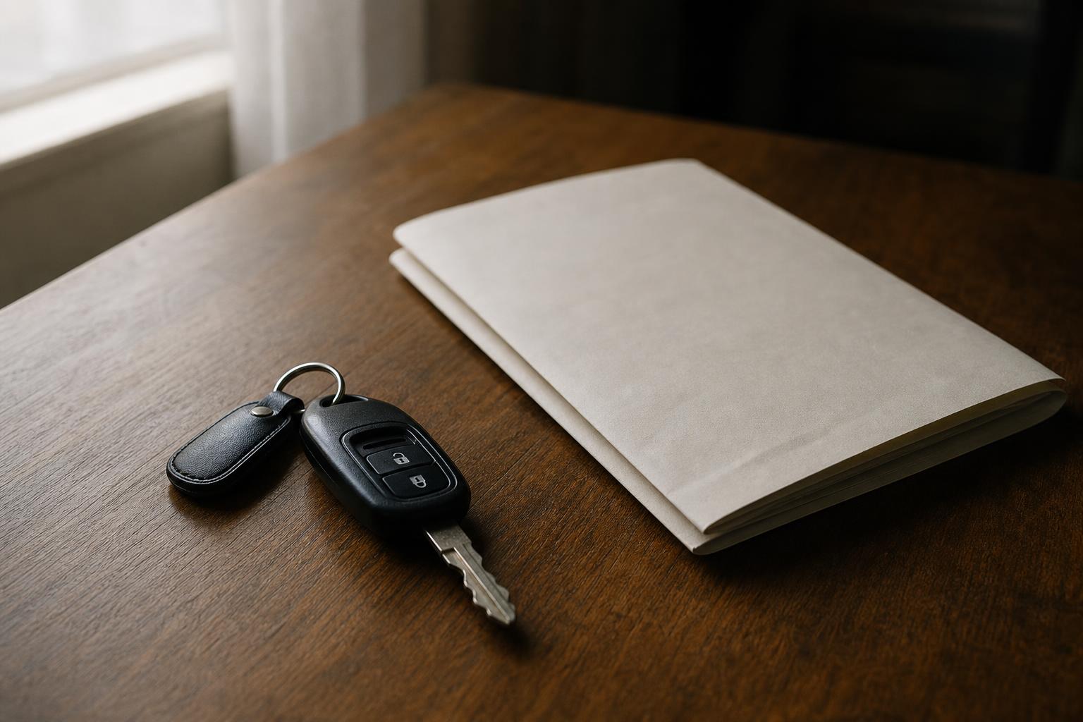 Un juego de llaves de auto colocado junto a un documento impreso de préstamo de auto sobre una mesa de madera