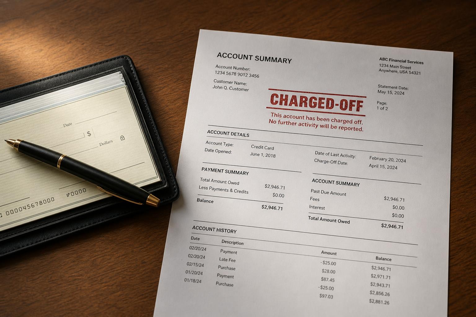 A checkbook beside a charged-off account statement on a warm wooden desk